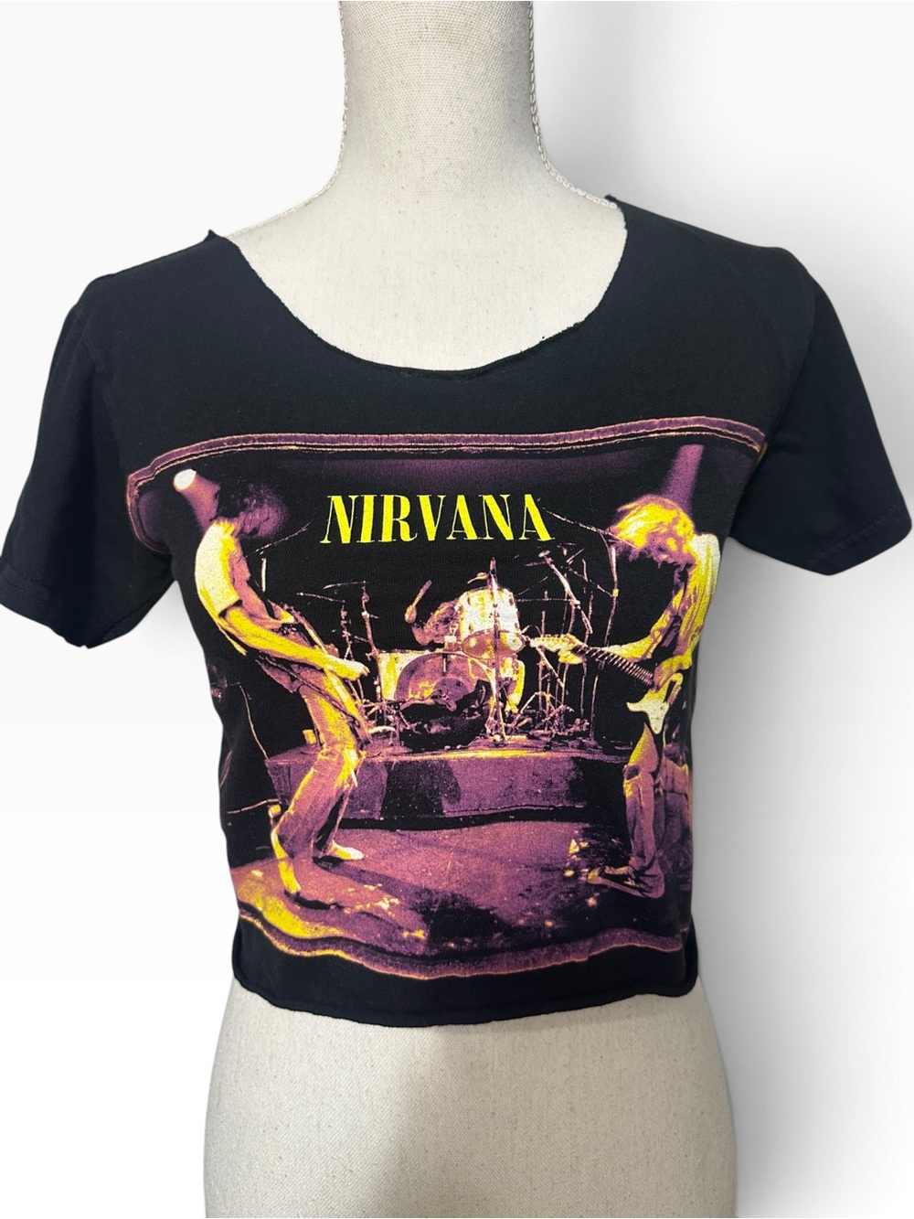 NIRVANA Black Crop Tee with Yellow & Purple Stage Print
